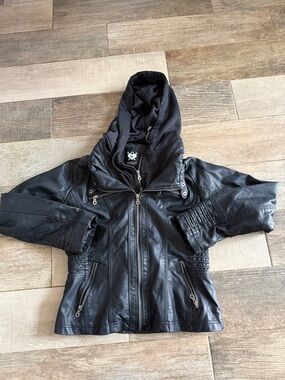 Black Faux Leather Hooded Jacket with Zip Front